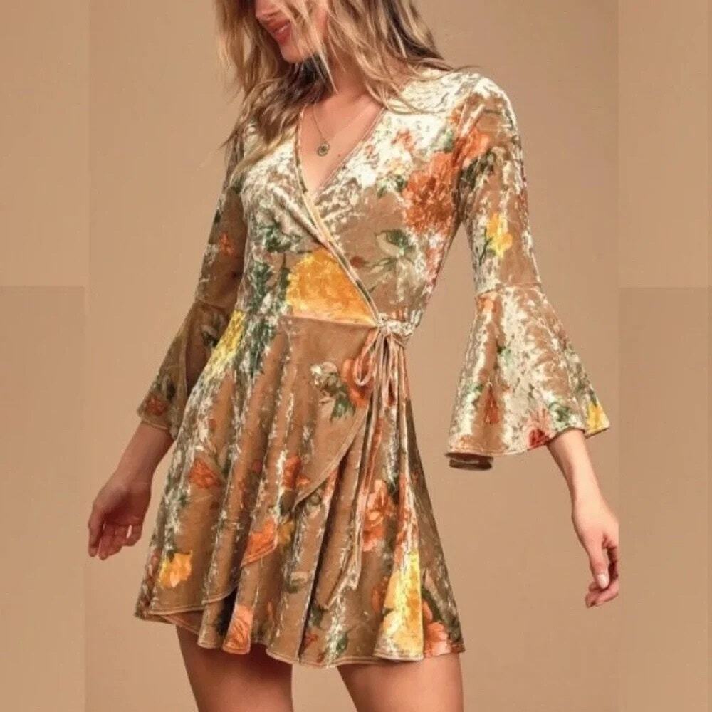 Lulus Tan Floral Velvet Wrap Dress Sz Large